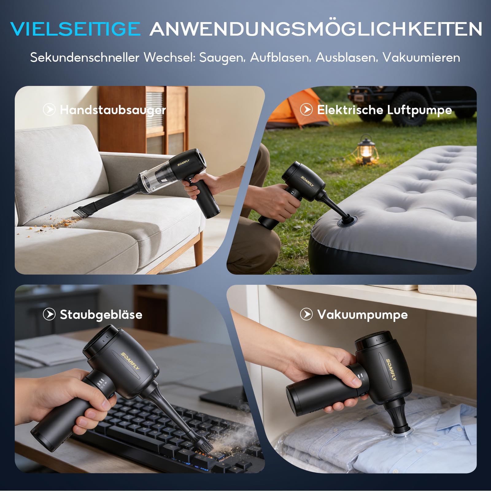 SoarFly Handstaubsauger Akku, 25000Pa 4 in 1 Auto Mini Staubsauger Kabellos Stark mit LED Licht, 2-Gang Elektrische Staubgebläse mit Bürstenloser Motor für den Auto, Küche, PC, Sofa, Büro 8