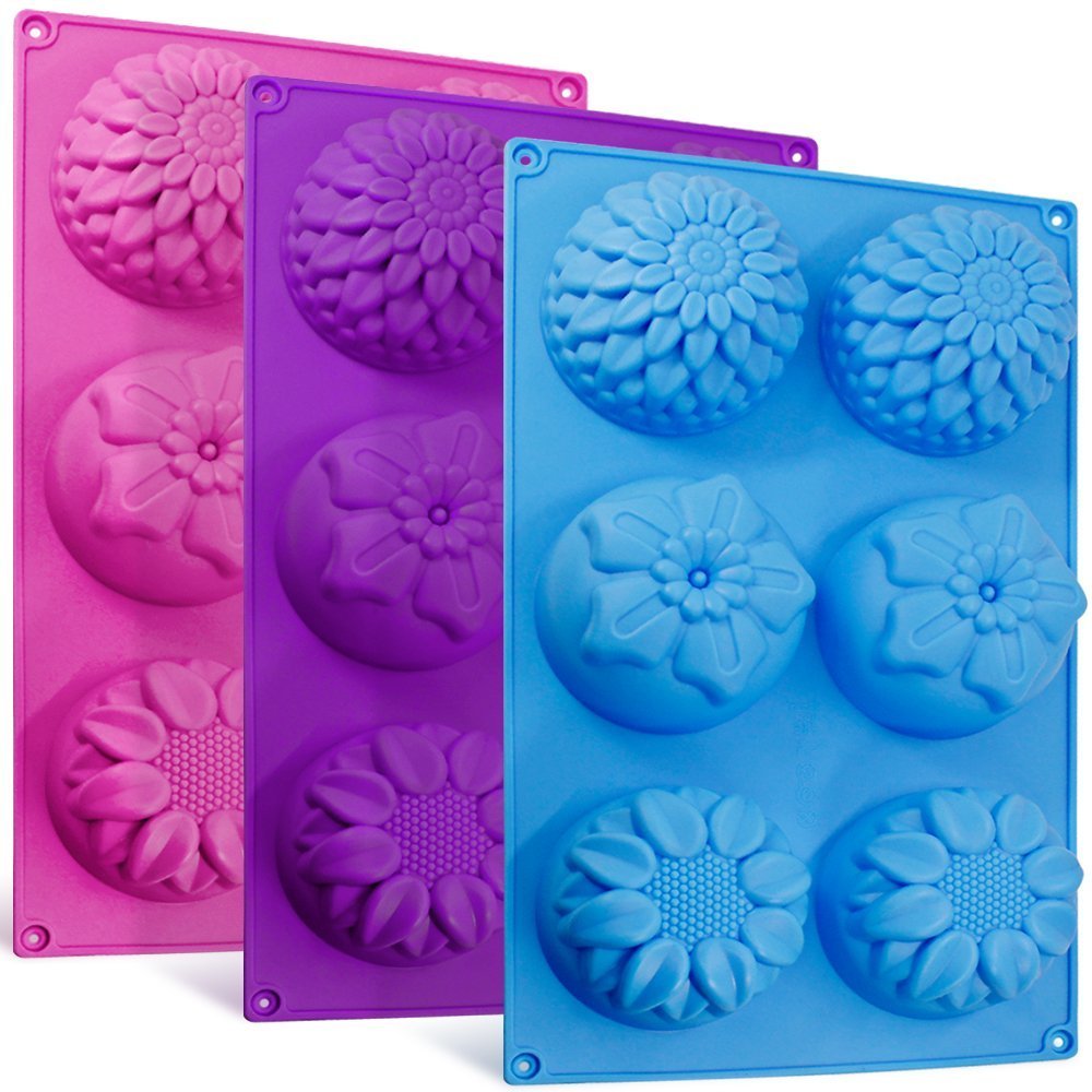 SENHAI 6-Cavity Silicone Flower Shape Cake Molds, 3 Packs Fondant Rose Shape Decorating Ice Cube Trays for Homemade Cake Chocolate Cupcake - Purple Blue Pink