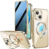 Upholyee [360° Rotatable CD Stand & Built-in Privacy Screen Magnetic Case for iPhone 13 [Compatible with MagSafe & Full Signal] Mil-Grade Shockproof Full Body Anti-Spy Cover for 13-Gold