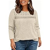 Plus-Size-Sweaters for Women Trendy Long Sleeve Lace Shirts Loose Lightweight Mesh Tops Casual Knit Pullover Tunics