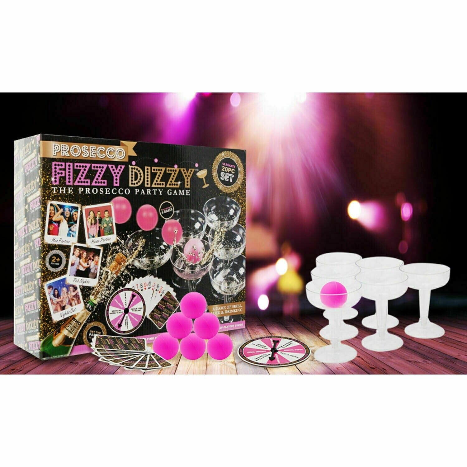 Prosecco Fizzy Dizzy 20 Pieces The Prosecco Party Game -12 Glasses, 6 Pink Ping Pong Balls, Spinner Wheel & Cards, Complete Set, Ideal for All Types of Parties & Celebrations 18 Years