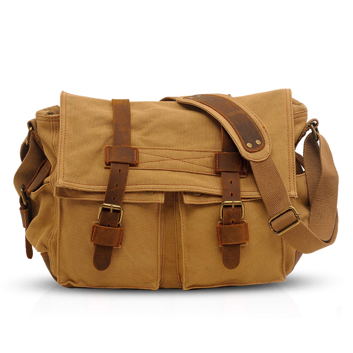 FANDARE 14 Inch Laptop Shoulder Bag Unisex Canvas Messenger Bag for Men/Women, Khaki, L, Leisure Backpack