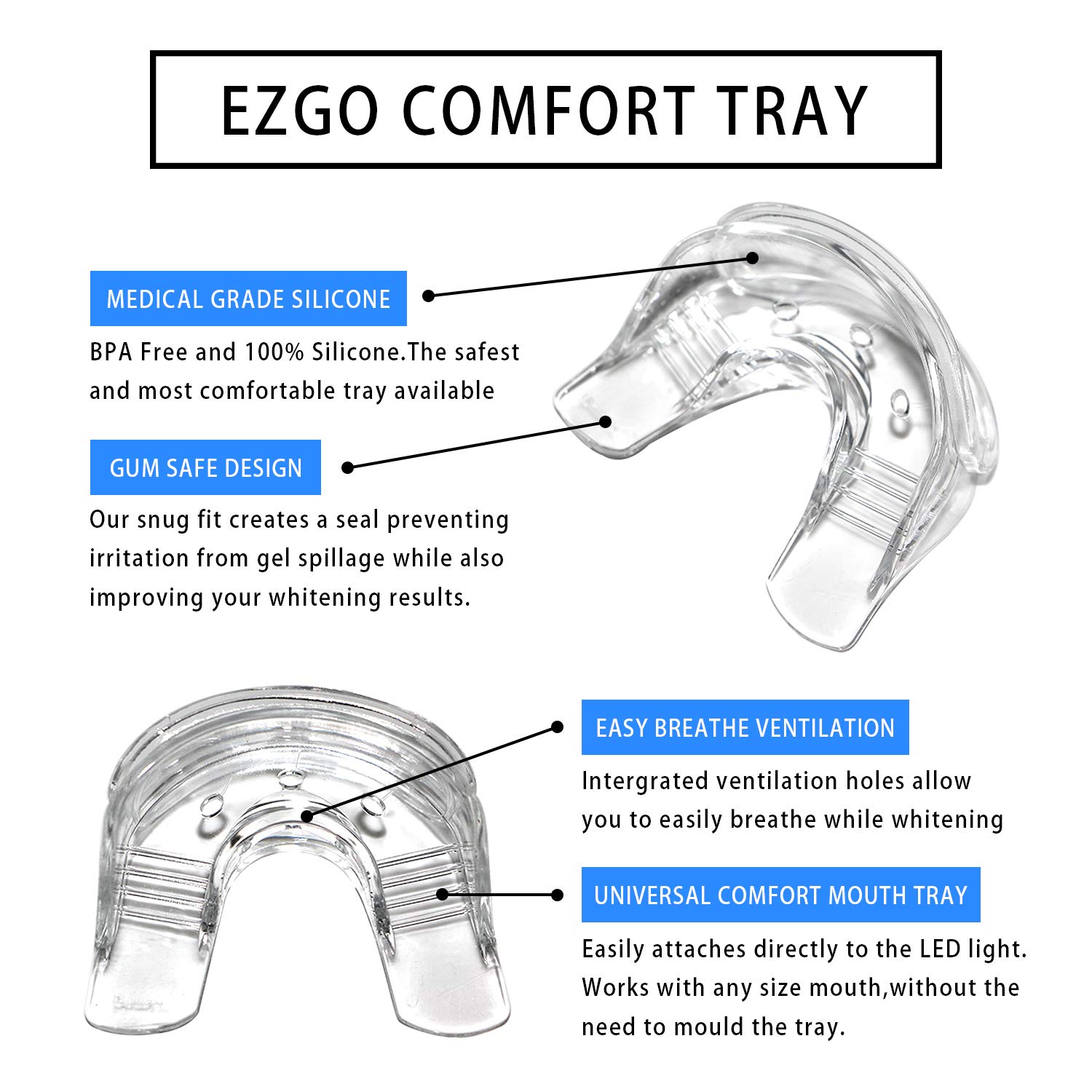 EZGO Teeth Whitening Trays Silicone Tray, Works with Tooth Whitening Light and Bleaching Gel, Comfort for All Mouth, BPA Free Mouth Night Guard for Grinding Teeth, Dental Grade, Retainer Case