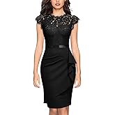Miusol Women's Elegant Floral Lace Ruffle Design Cap Sleeve Cocktail Party Dress
