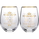 COFOZA Set of 2 20th Years Wedding Anniversary 15 Ounces Wine Glass Tumblers 20 Mr Right Mrs Always Right Anniversary Cups Present for Couples Parents Gifts