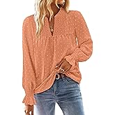 BETTE BOUTIK Women Boho Long Sleeve Shirts Dressy Casual V Neck Fall Fashion Tops Swiss Dot Flowy Blouses