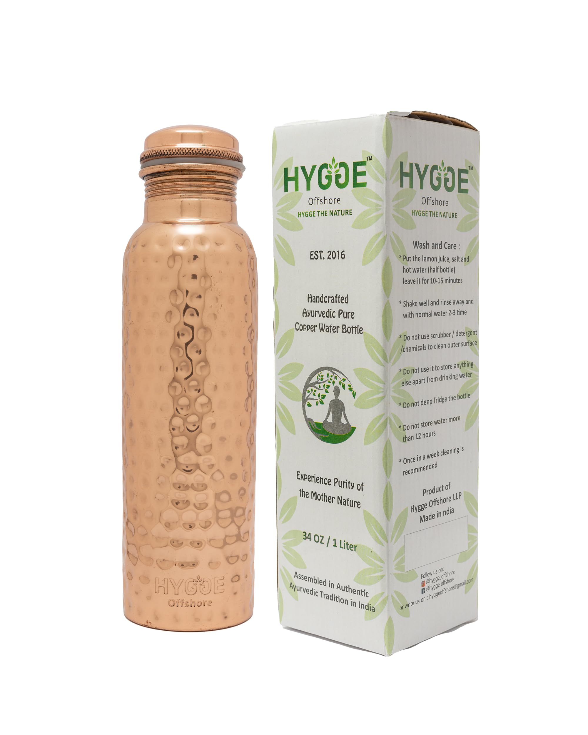 HYGGE Copper Water Bottle 34oz - Leak Proof - Ayurvedic Copper Bottle, Perfect Ayurvedic Copper Vessel for Sports, Fitness, Yoga - Natural Health Benefits- Hammered