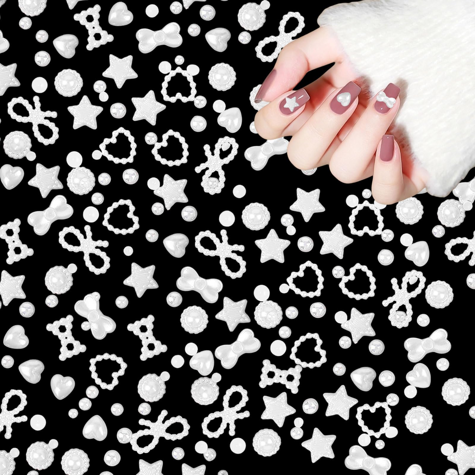 Pearl Nail Charms, 500PCS Mixed Styles: Star, Bow, Bowknot, Pearl, Love, Heart Nail Gems & Jewels (White)