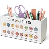 DILSJ Boho Mental Health Pen Pencil Holder Organizer for Desk, Boho Classroom Decor, It Is Okay to Feel Inspirational Wooden Box Signs for Classroom Therapy Office Desk Decoration School Supplies