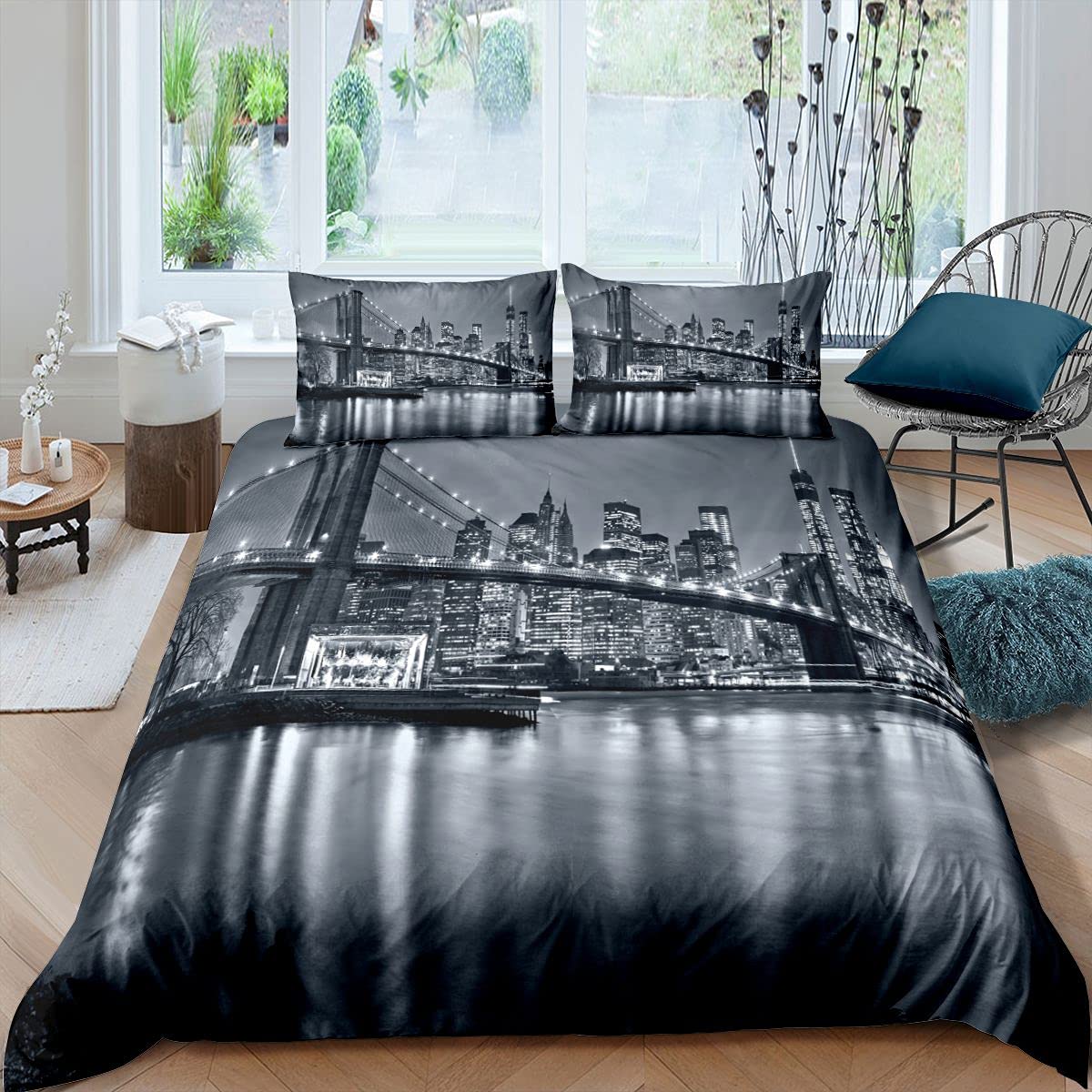 Loussiesd Brooklyn Bridge Duver Cover Set Kids New York City Black and White Bedding Set Famous Town Image Quilt Cover 3Pcs Super King