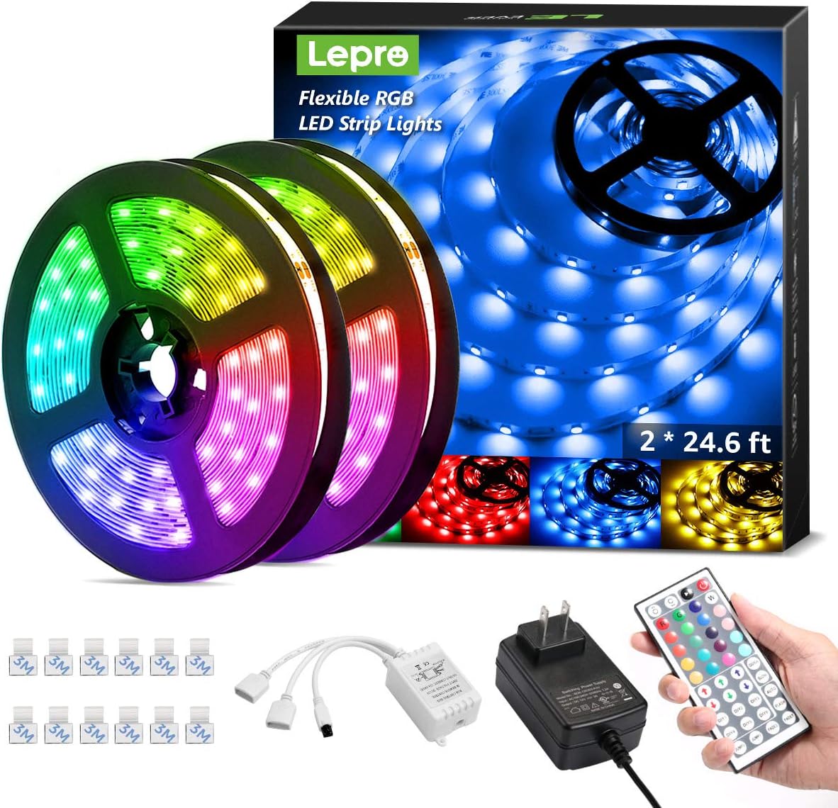 Lepro 50ft LED Strip Lights, Ultra-Long RGB 5050 LED Strips with Remote Controller and Fixing Clips, Color Changing Tape Light with 12V ETL Listed Adapter for Bedroom, Room, Kitchen, Bar(2 X 24.6FT): Home Improvement