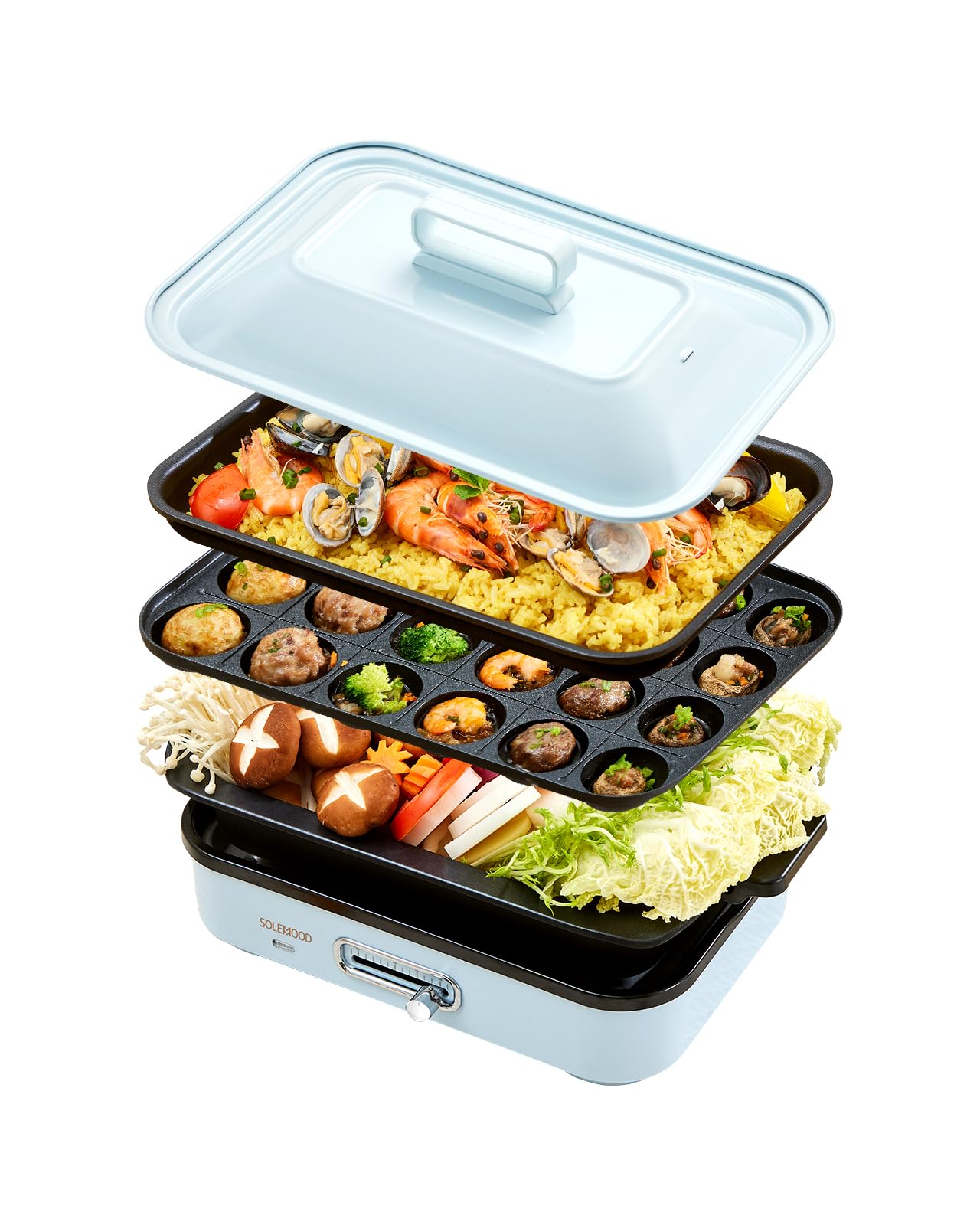 SOLEMOOD コンパクトホットプレート グリル鍋 着脱式プレート 温度調節機能付き 洗いやすい おしゃれ かわいい 1000W高出力 プレート選択可能 1~4人用 小型 ひとり暮らし にも (ブルー, プレート3種(平面・たこ焼き・鍋))