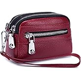 Genuine Leather Mini Wristlet Wallet for Women, 3 Zipped Coin Purse Small Pouch with Wristlet Strap (Burgundy)