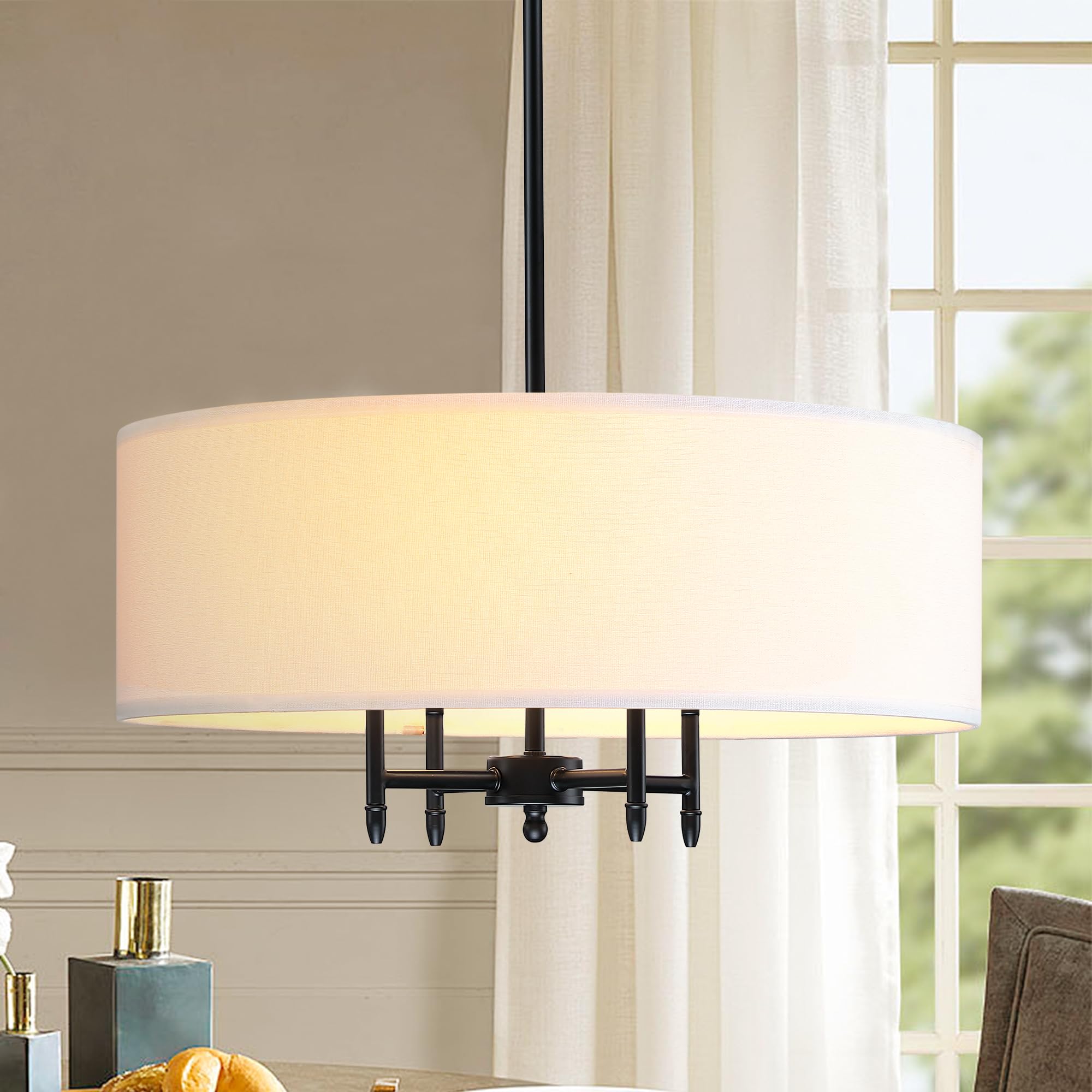 Photo 1 of Untrammelife Drum Pendant Chandelier 4-Lights Black Ceiling Hanging Light Fixture with 20" White Shade, for Dining Room Living Room Bedroom Kitchen Island Stairway Hallway