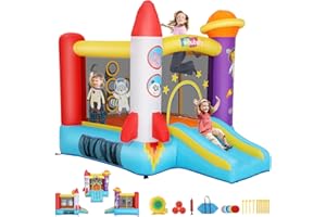 Whubefy Inflatable Bounce House for Toddler Kids 2-8 with Slide, Pitching Game & Fun Photography, 106 x 71 x 83 Astronaut Theme Small Jumping House w/Blower for Indoor Outdoor Birthday Party Gifts