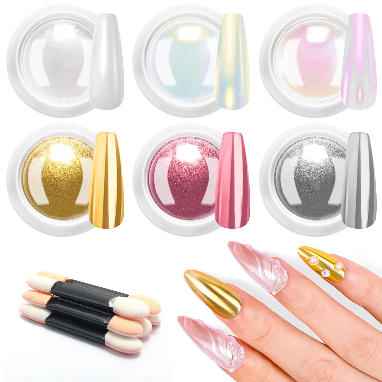 LEDSUUEI 6Pcs Chrome Nail Powder:【Metallic Mirror Glitter Effect】Rose Gold Chrome Nail Powder for Gel Polish Aurora Iridescent Pearlescent Nail Chrome Powders for Nails Salon DIY Nail Art