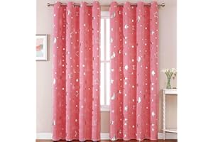 WUBODTI Pink Girls Room Curtains for Kids Nursery Baby Bedroom 84 Inches Long, 2 Panels Cute Silver Glitter Star and Moon Decor Room Darkening Insulated Window Drapes for Living Room
