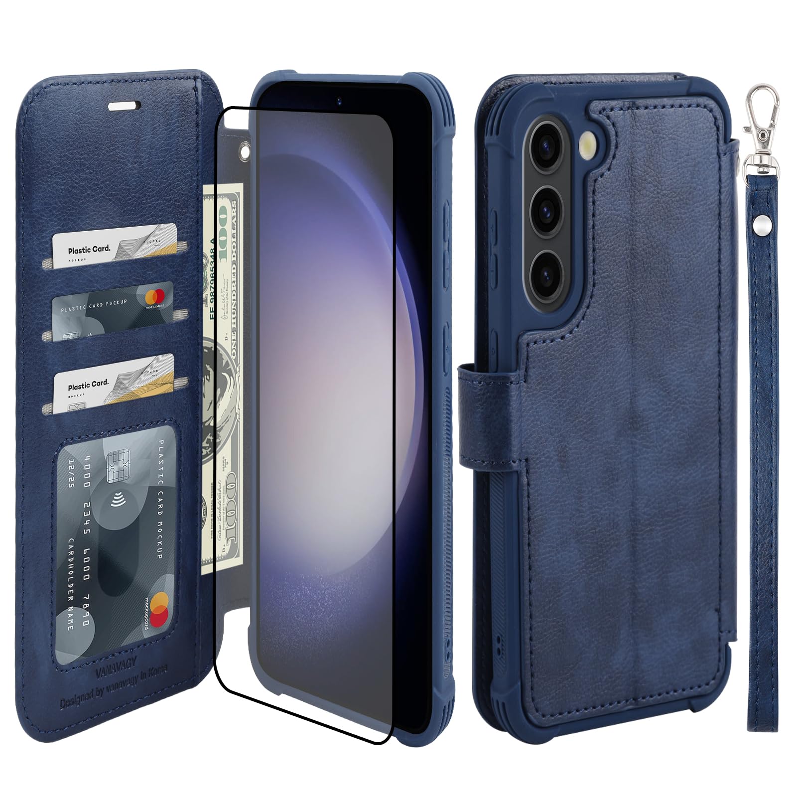VANAVAGY Compatible for Galaxy S23 Wallet Case, 12ft Drop Protection, RFID Blocking PU Leather Flip Cover, Card Holder & Kickstand, Shockproof Phone Case for S23-6.1 Inch,Navy Blue