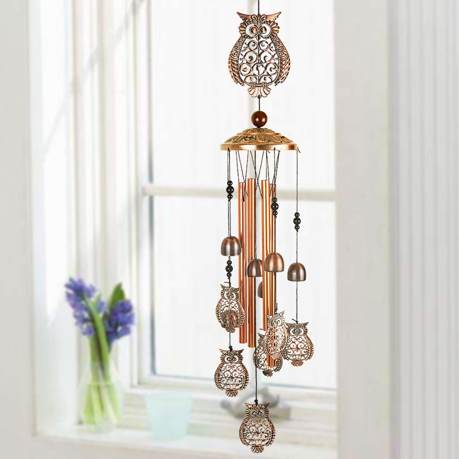 YMXBL Owl Wind Chimes Outdoor Decoration, Portable Wind Bell, Owls Windchimes With 4 Tubes & 6 Bells, Owl Wind Catcher, Aluminum Owl Chime, Home Decor Mobile Wind Chime, Garden Windchime Gifts for Mom