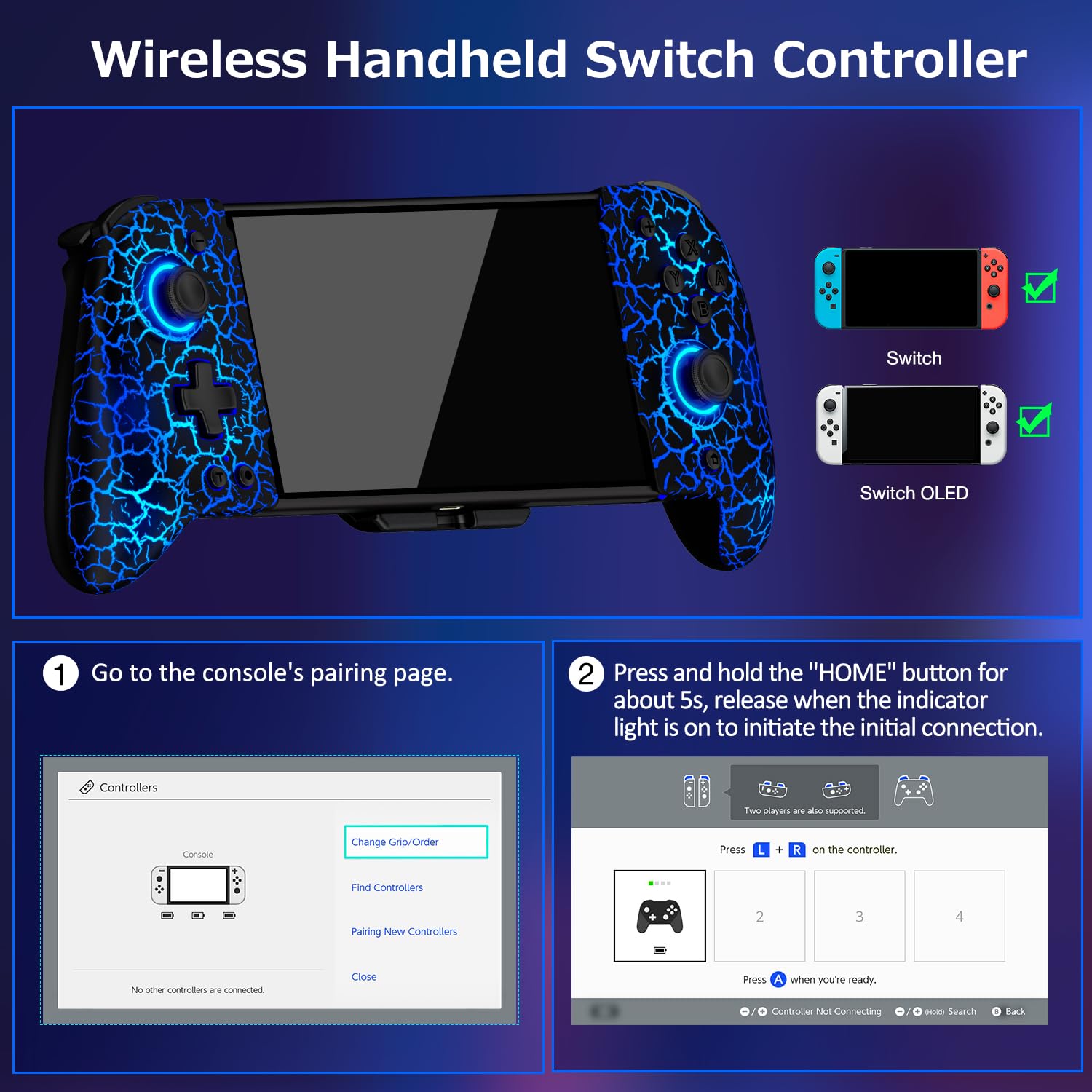Spican Switch Controllers for Nintendo Switch/OLED, Hall Effect Wireless Pro Controller One-Piece Joypad, Full-Size Ergonomic Handheld Mode Gamepads with 17 Colors Light/Battery/Turbo/Macro/4 Game Slot