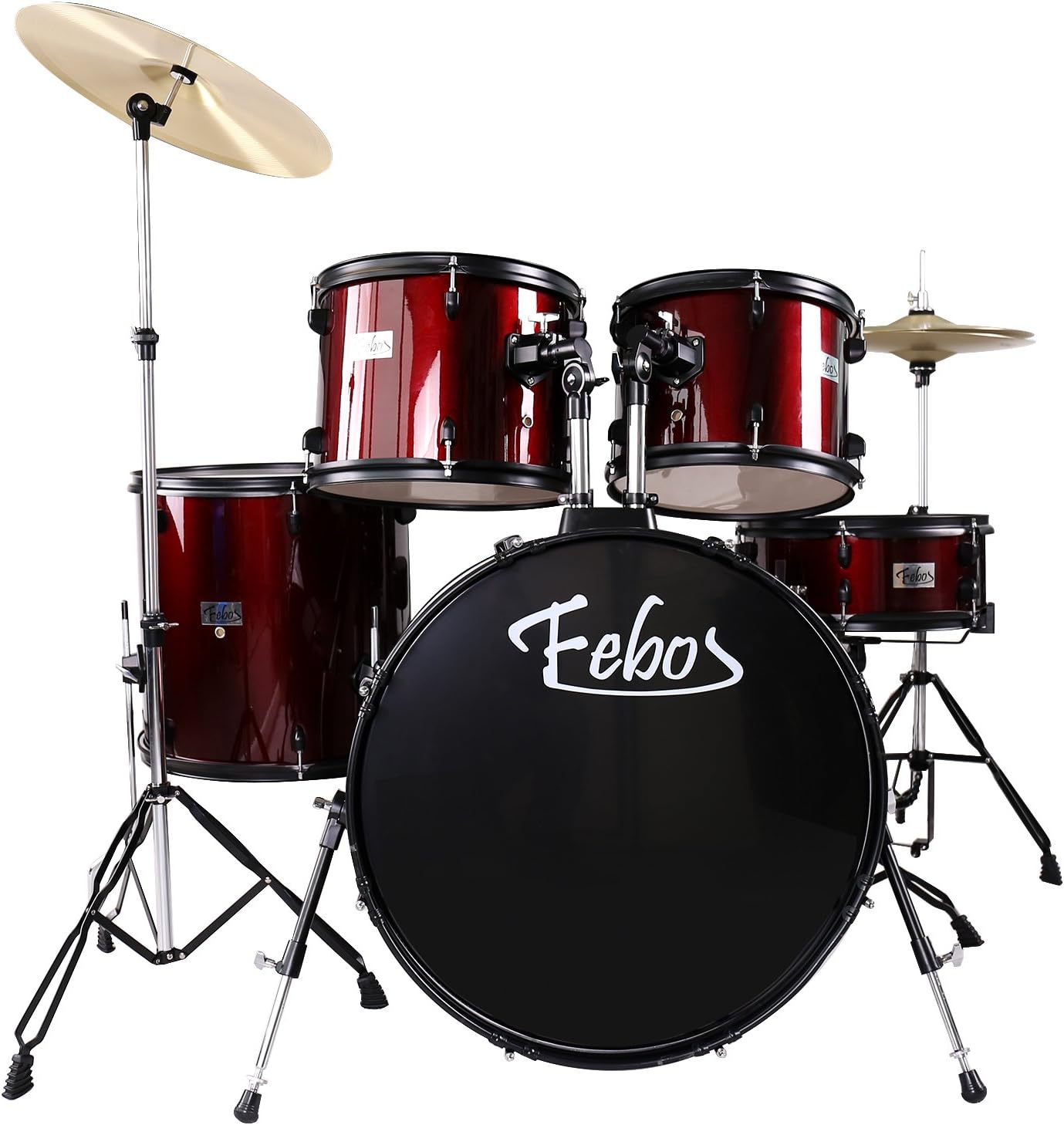 Febos FBS10 WR Full Size Adult Drum Sets 5 Piece with Cymbals, Pedal