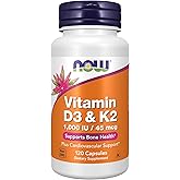 NOW Supplements, Vitamin D-3 & K-2, 1,000 IU/45 mcg,Plus Cardiovascular Support*, Supports Bone Health*, 120 veg Capsules