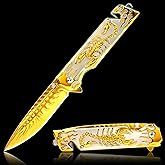 Vividstill Pocket Knife for Men, Cool Folding Knife With 3D Embossed pattern, Great Gift Edc Knife For Men Outdoor Survival Camping (golden)