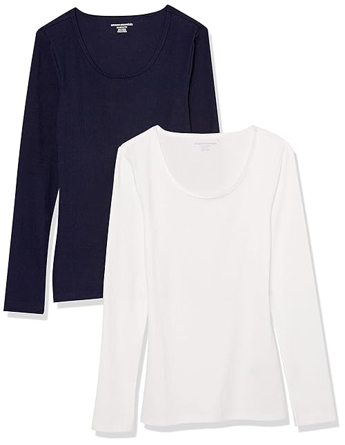 Amazon Essentials Sweater for Women, Long Sleeve Slim-Fit Rib Scoop Neck (Available in Plus Size), Pack of 2, Navy/White, Small