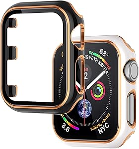 Wearlizer 2 Packs Case Compatible with Apple Watch Series 3 2 1 38mm with Screen Protector Full Cover Hard PC Protective Bumper Case Accessories for iWatch Women Men (Black White Bumper/Gold Edge)