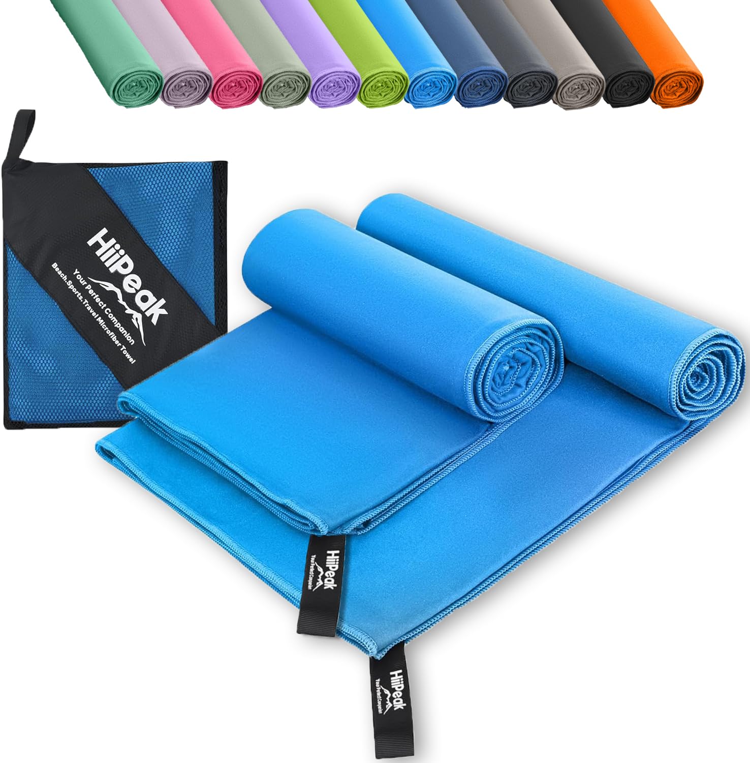 HiiPeak Microfibre Towel 2 pack（160x80cm+80x40cm） Compact Camping Beach Towel - Quick Dry Ultra Lightweight Absorbent Sports Gym Yoga Swimming Hiking Drying Towel for Men,Women (Light Blue-2pack)