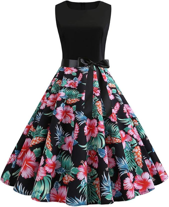 Amazon.com: Vintage Dresses for Womenï¼Women Vintage 1950s Retro Sleeveless O Neck Print Evening 