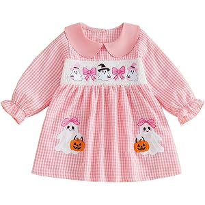 Toddler Baby Girl Halloween Outfit Plaid Smocked Dress Pumpkin Ghost Long Sleeve Dresses Girls Fall Winter Clothes