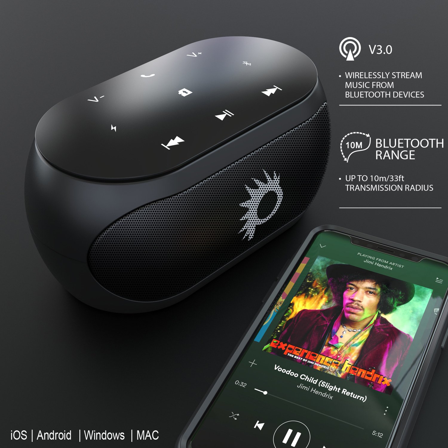 Punkcase Silencer Portable Bluetooth Speaker - Best Wireless Speaker with Loud Stereo Sound and Enhanced Bass for iPhone/Android/Computer/Phone/Laptop [Black]