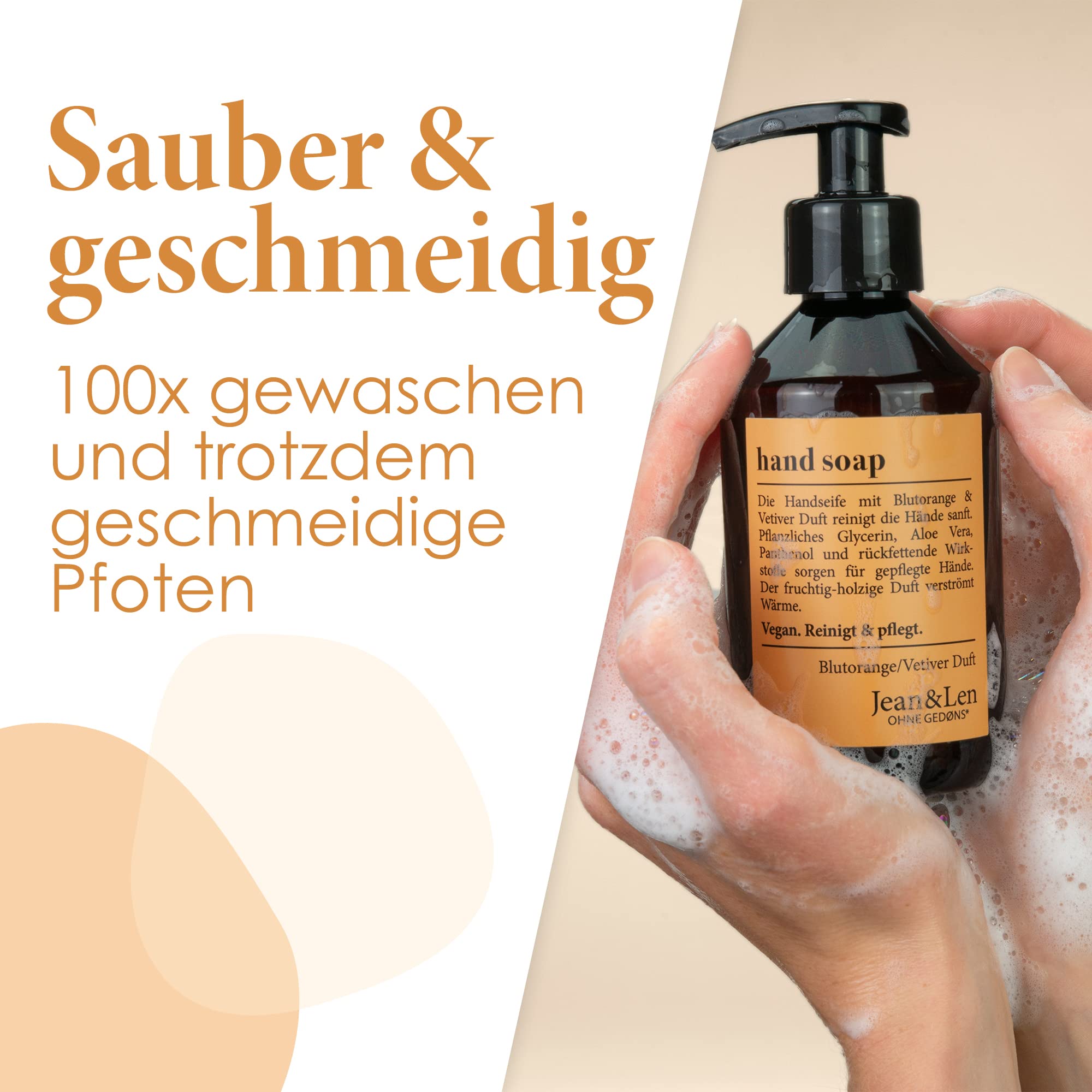 Jean & Len Handseife Blutorange & Vetiver, reinigt Hände sanft, Flüssigseife im Pumpspender für Reine und gepflegte Hände, fruchtig-holziger Duft, ohne Parabene & Silikone, vegan, 250 ml 3