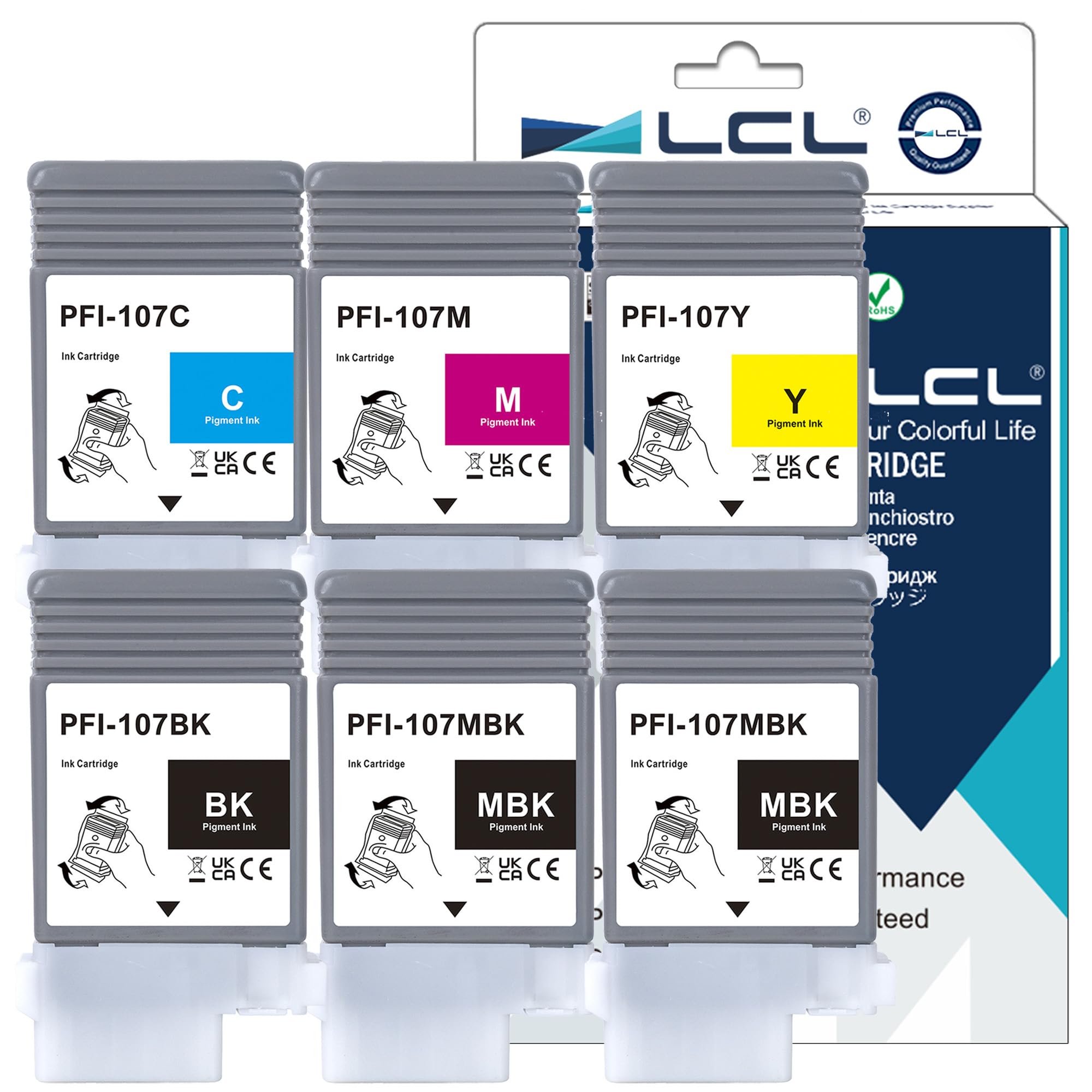 LCL PFI-107 PFI107 130ml Ink Cartridge Replacement for Canon PFI-107MBK PFI-107BK PFI-107C PFI-107M PFI-107Y for Canon ImagePROGRAF iPF670 iPF680 iPF685 iPF770 iPF780 iPF785 (6PK 2MBK+KCMY)