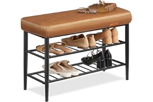 VASAGLE EKHO Collection - Shoe Rack Bench, Storage Bench for Entryway, Synthetic Leather with Stitching, Mid-Century Modern, Loads 300 lb, 11.8 x 31.5 x 19.7 Inches, Caramel Brown ULSB054K01