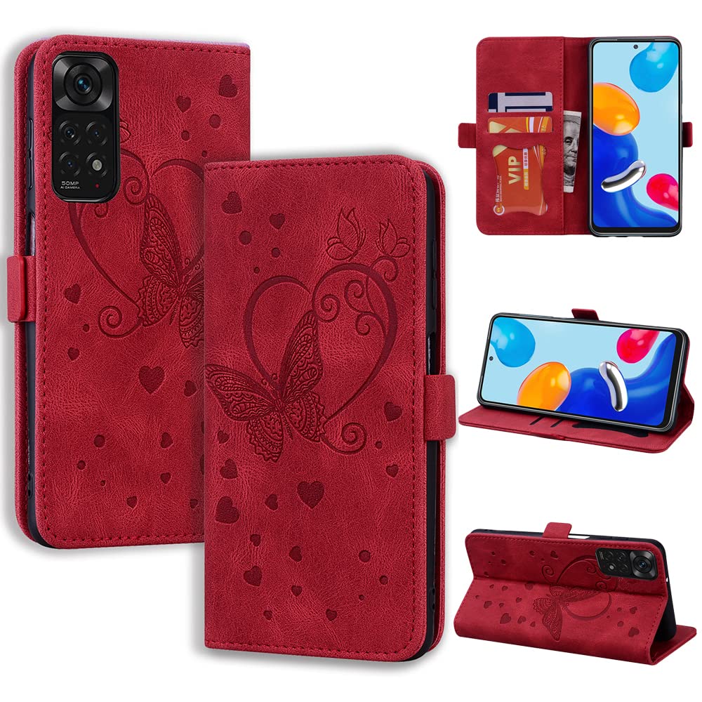 CASAFUNY Case for Xiaomi Redmi Note 11 4G/Note 11S Case Flip Wallet Leather Case with Card Holder Kickstand Magnetic Closure Protective Phone Case Cover for Xiaomi Redmi Note 11S/Redmi Note 11 4G, Red