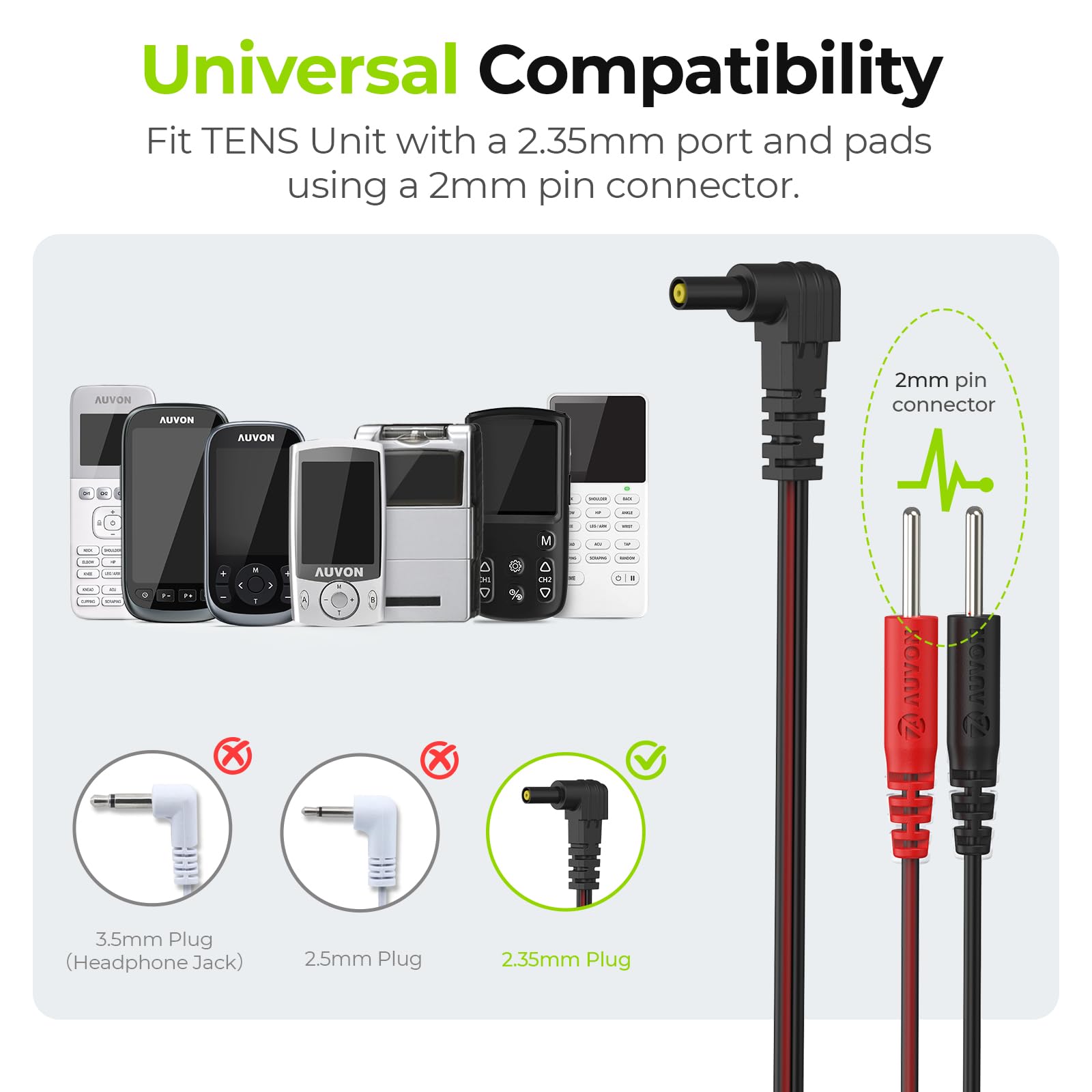 AUVON 2 x TENS Unit Electrode Lead Wires, Premium Lead Wires with Soft TPE Material for 40,000+ Bends, Universal and Compatible with Most TENS Unit Muscle Stimulator 2mm Pin TENS Pads