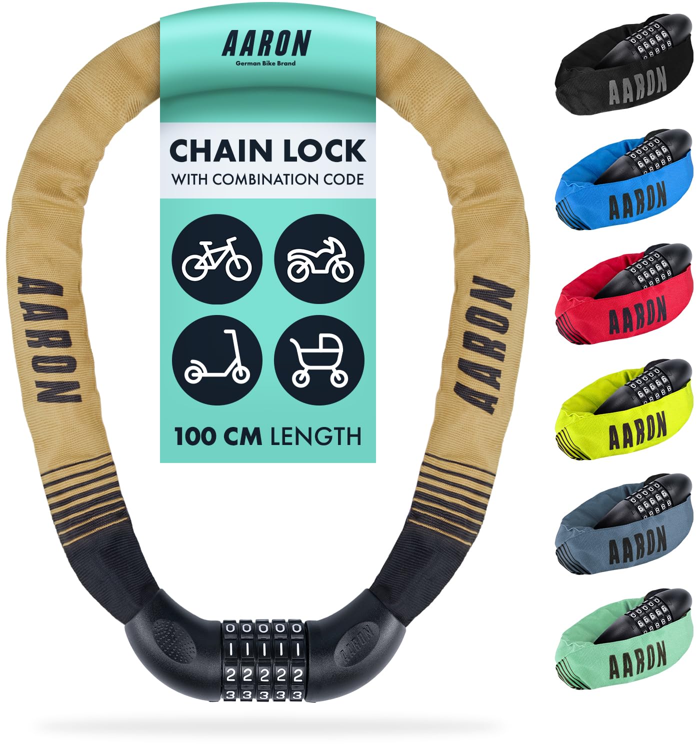 AARON - Lock One Bicycle Lock - 5-Digit Numerical Code - Steel Chain for Higher Security - Lock for E-Bikes, Mountain Bikes, Trekking Bikes, Touring Bikes, Racing Bikes and Electric Vehicles in Sand