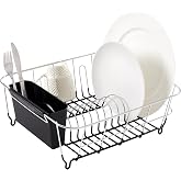 Sweet Home Collection 2 Piece Dish Drying Rack Set Drainer with Utensil Holder Simple Easy to Use Fits in Most Sinks, 14.5" x 13" x 5.25", Black