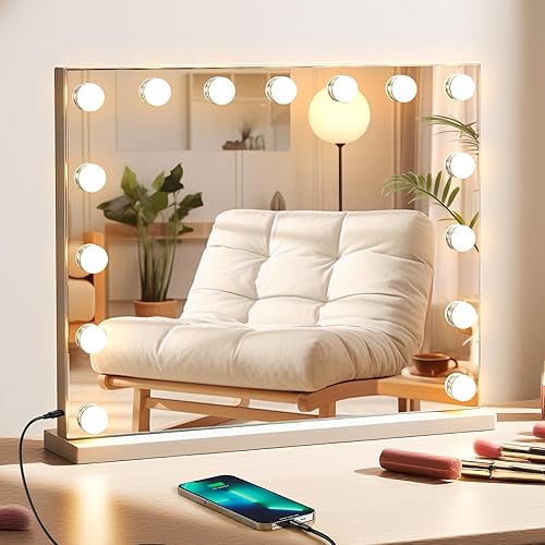 FIBRAVE Hollywood Vanity Mirror with Lights, 23"x18" Lighted Makeup Mirror for Desk/Wall Mount with 15 Led Bulbs, 3 Lighting Modes for College Dorm, Bedroom & Dressing Room (Squarewhite)