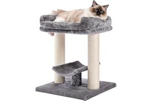 PETEPELA 19" Scratching Post, Cat Tree Tower, 100% Natural Sisal Scratcher With Large Plush Top Perch Bed, Cozy Platform for Kittens and Cats