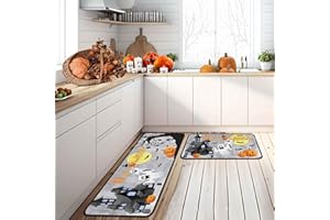 PUTWARE Halloween Kitchen Mats for Floor, Halloween Decorations Non Slip Backing Halloween Kitchen Rug Set of 2 Low-Profile Mat Halloween Decor for Home Party (Grey, 17"x47"+17"x30")