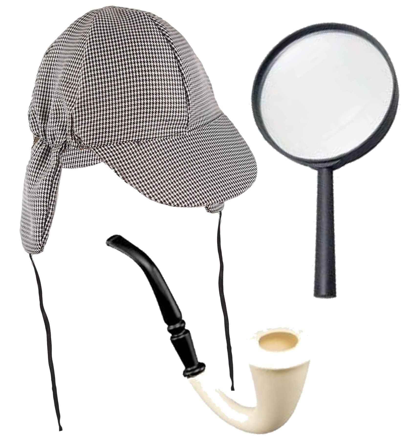 Dreamzfit - Adult Detective Costume Story Play for World Book Day Halloween Parties - Sherlock Holmes Fancy Dress Accessory Set Deerstalker Hat + Magnifying Glass + Victorian Look Pipe