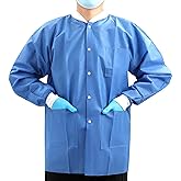 JMU 10-100 Pack Disposable Lab Jackets, SMS Disposable Medical Jackets for Adult, Knit Cuffs Collar, 3 Pockets