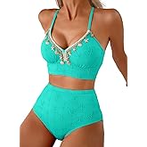 Herseas Women's Seashell Textured Bikini Sets Stitching Ribbon Shell Decoration Swimsuits High Waisted Bathing Suits