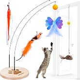 JXFUKAL Interactive cat Toy, Automatic Cat Wand Toy with Stable Wooden Base, 2 PCS Detachable Cat Teaser, 5PCS Refills Replacement &amp; Hanging Elastic String, Kitty Kitten Toys Feather Spring Bird Toy