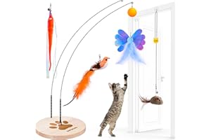 JXFUKAL Interactive cat Toy, Automatic Cat Wand Toy with Stable Wooden Base, 2 PCS Detachable Cat Teaser, 5PCS Refills Replacement & Hanging Elastic String, Kitty Kitten Toys Feather Spring Bird Toy
