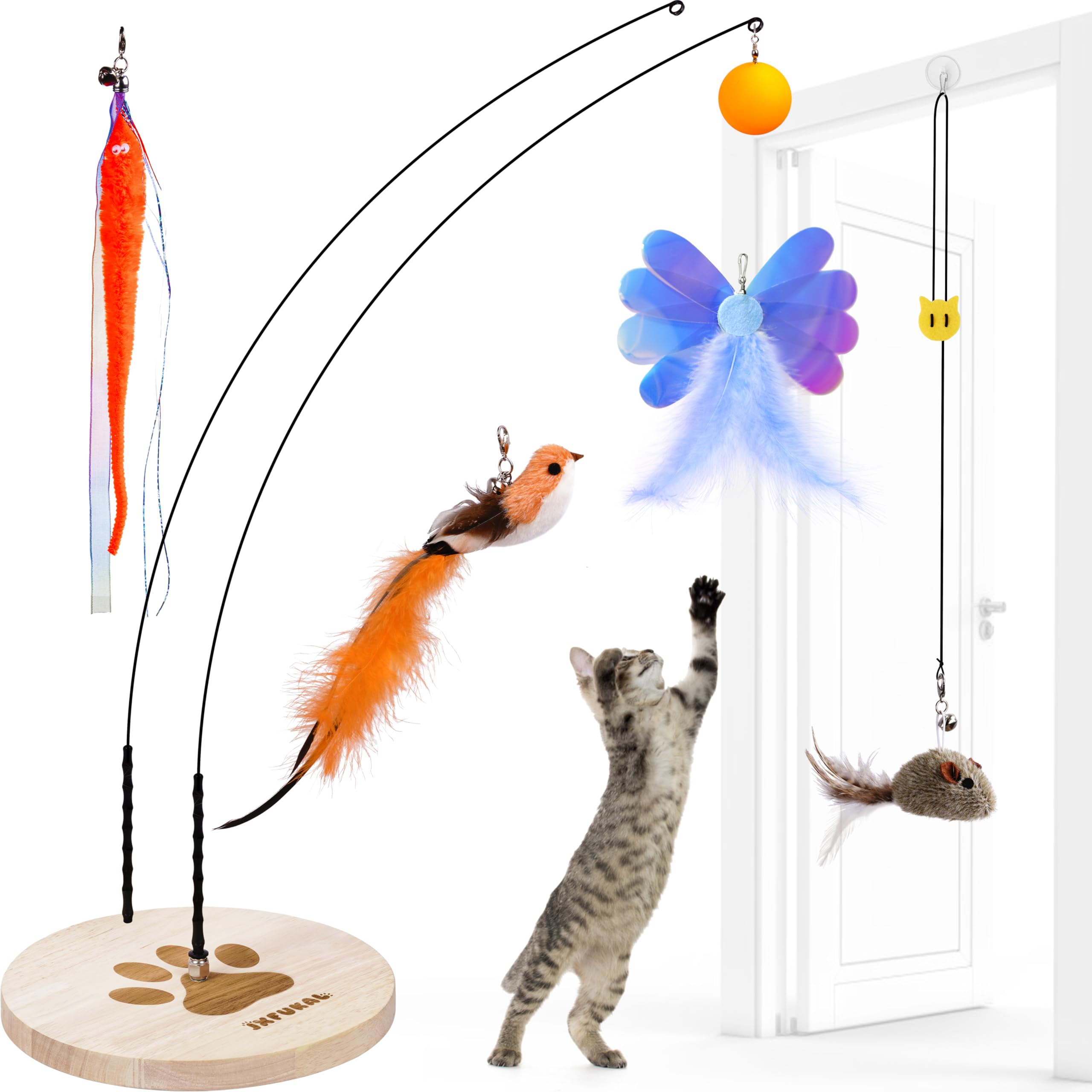 Photo 1 of ***JUST BASE*** JXFUKAL Interactive cat Toy, Automatic Cat Wand Toy with Stable Wooden Base, 2 PCS Detachable Cat Teaser, 5PCS Refills Replacement & Hanging Elastic String, Kitty Kitten Toys Feather Spring Bird Toy