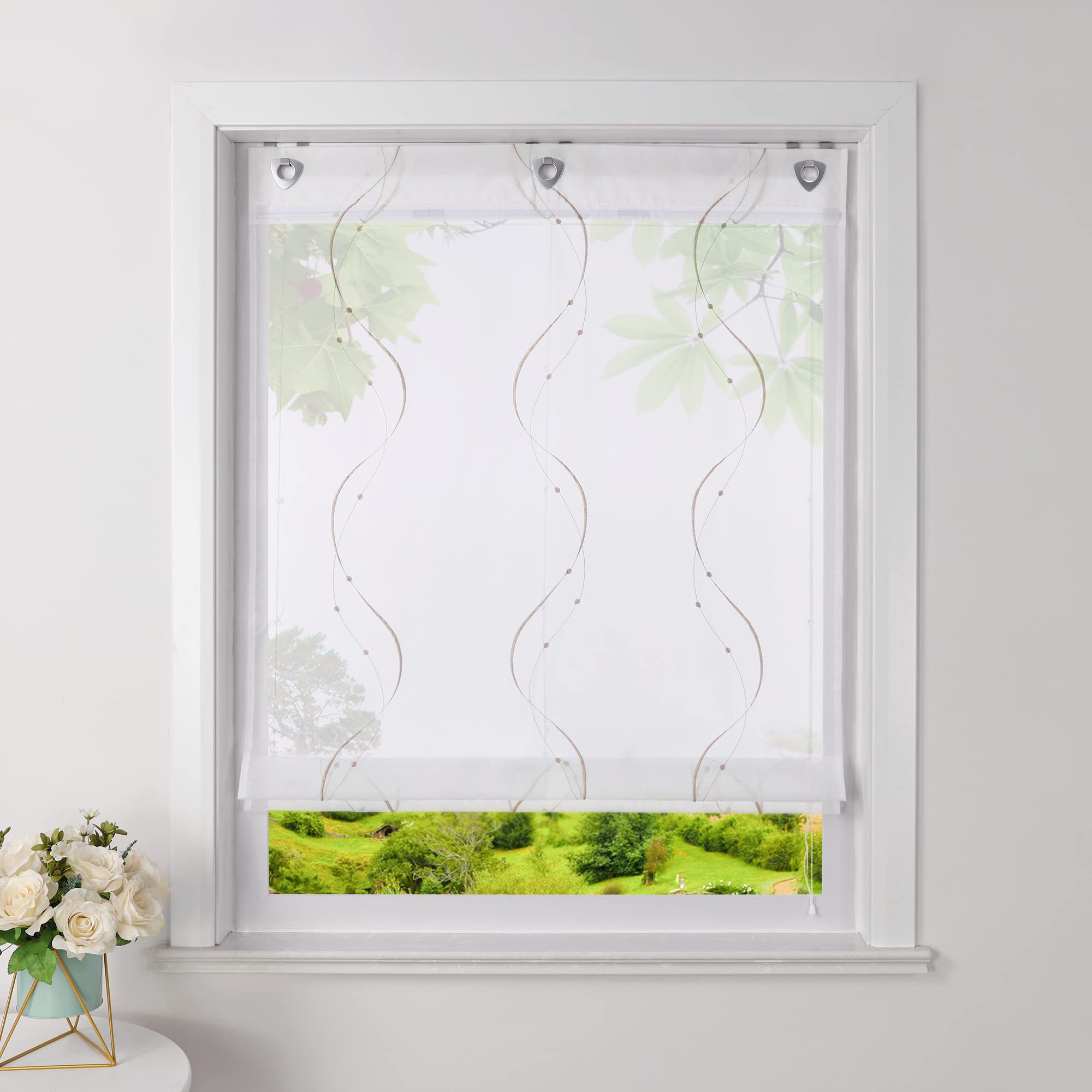 Heichkell Roman Blind with U-Hooks, Transparent Roman Curtains, Voile Eyelet Blind with Embroidery, No Drilling Required, Sand, W x H 80 x 140